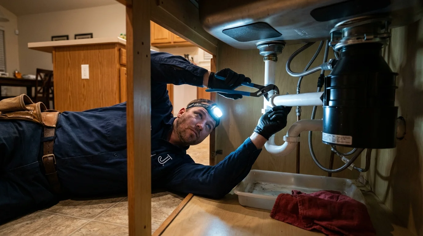 P-trap and supply line connections under a kitchen sink showing a common leak point in Kula, HI